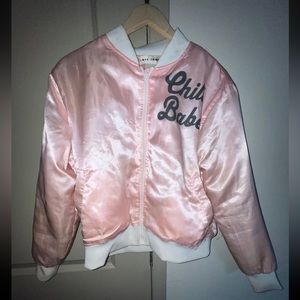 Love Tribe “Chill Babe” pink and white satin bomber jacket